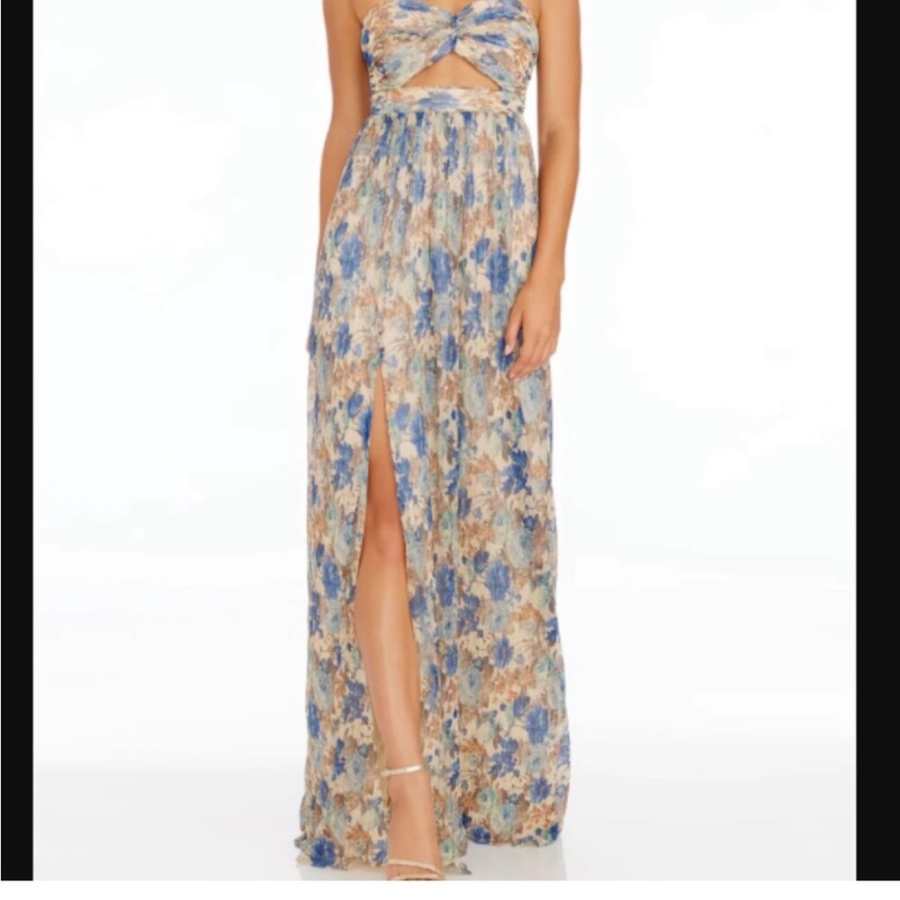 Dress The Population Angelique cut out dress blue and tan
